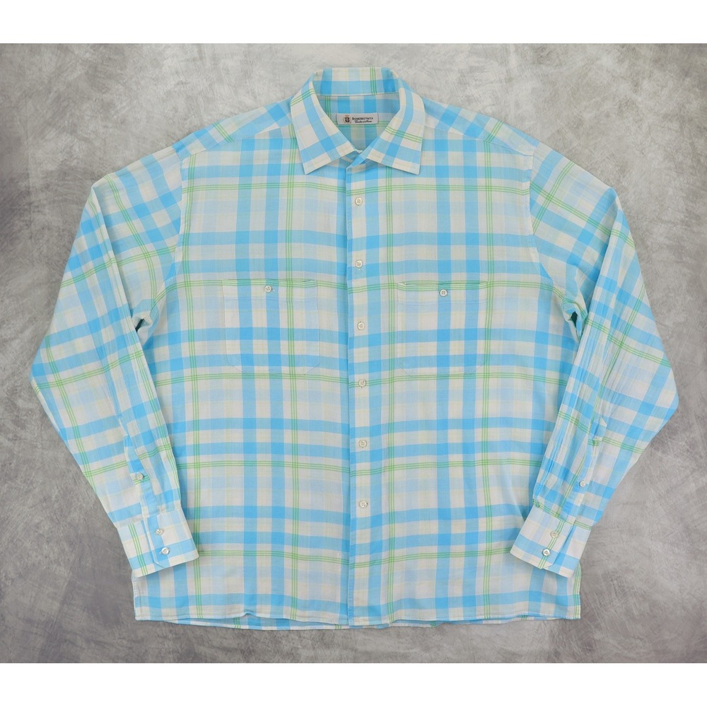 Domenico Vacca Button Up Shirt Mens 17.5 - 44 Blue Green Plaid Cotton Italy READ